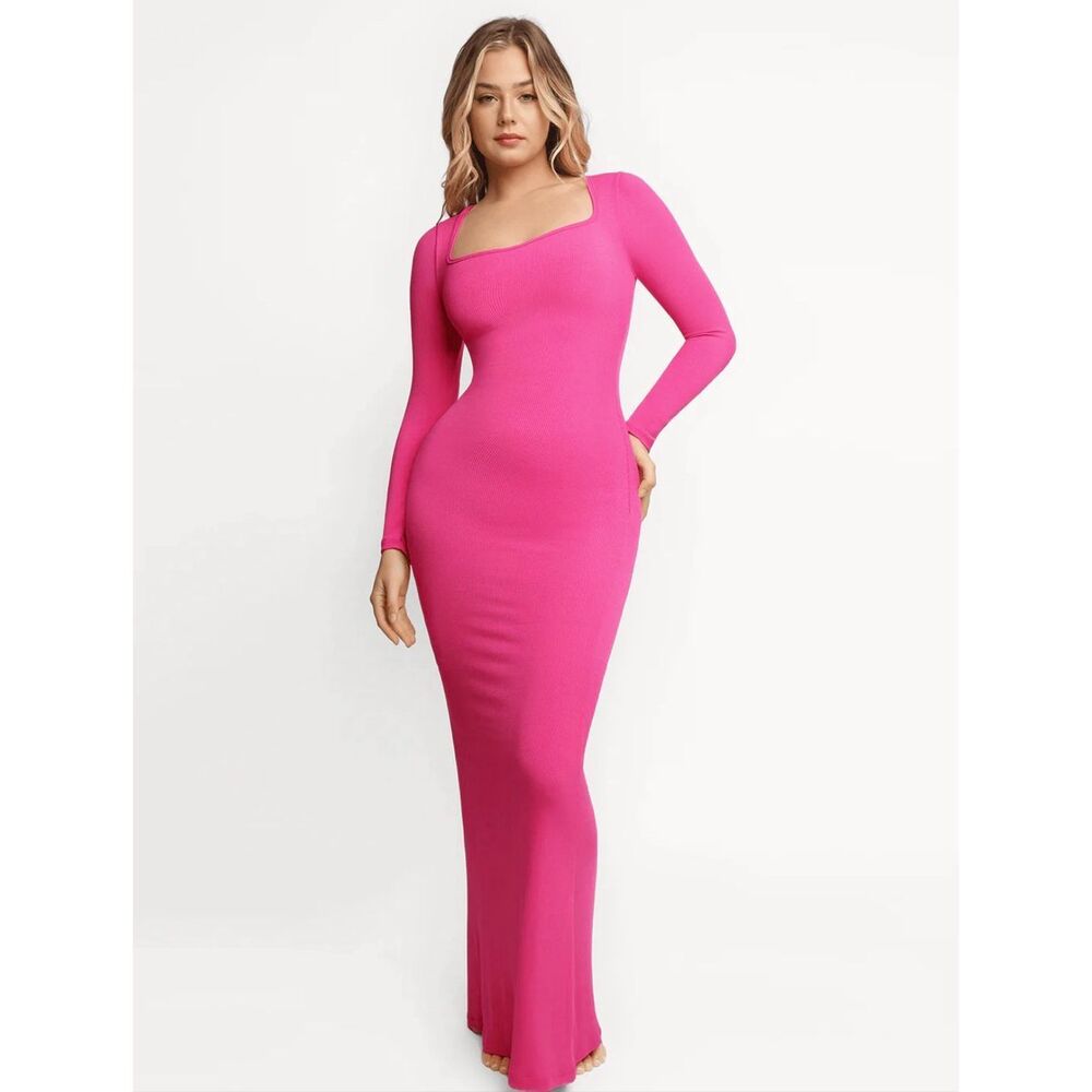 Long Sleeve Square Neck Fuchsia Maxi Dress